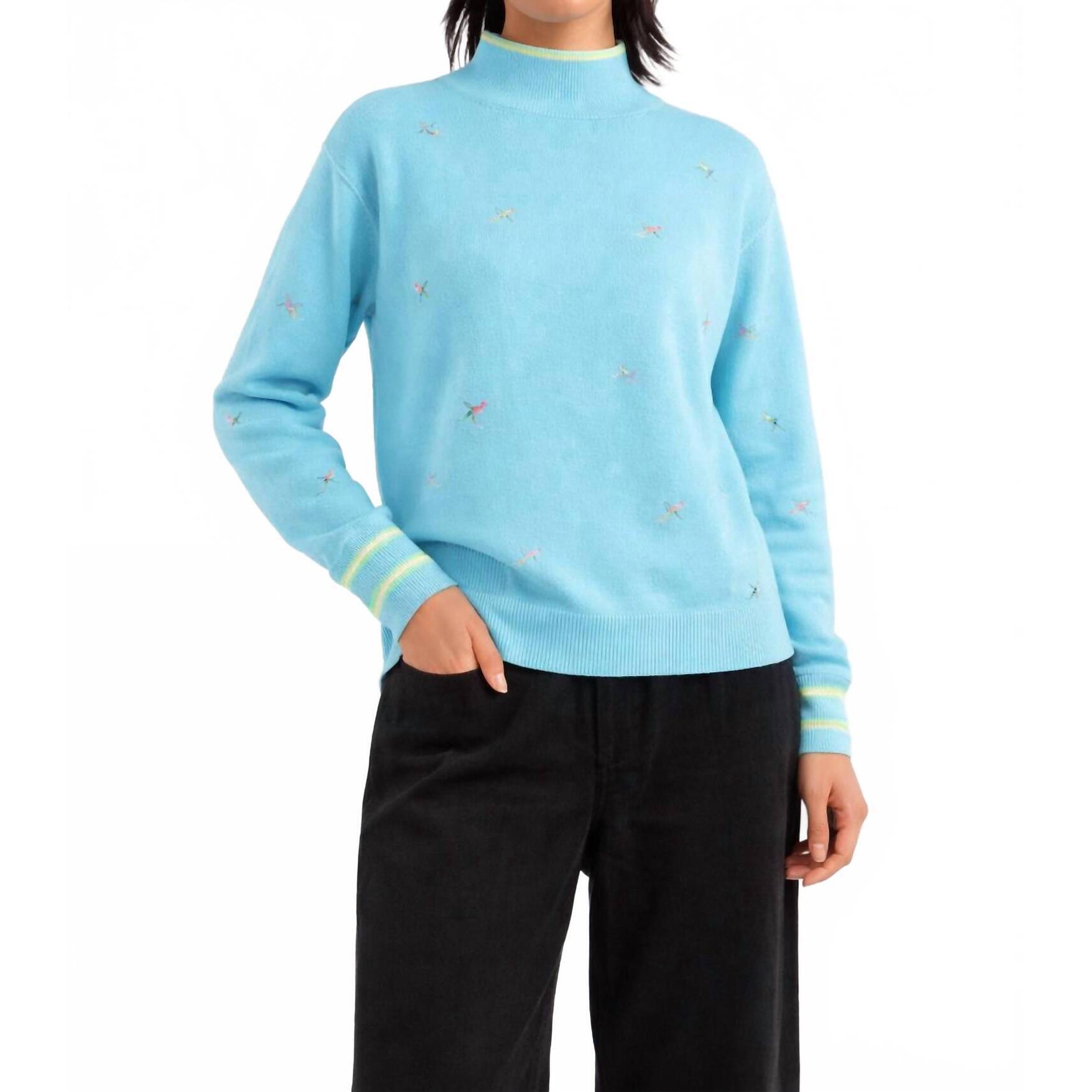 New Wispr Ditsy Ski Embroidery Mock Neck Sweater In Aqua